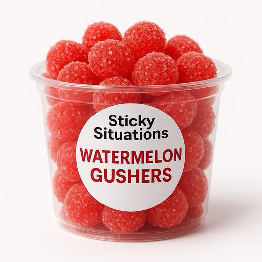 Sticky Situations Watermelon Bomb Gushers Candy - Sour and Sweet Flavor in Clear Container bag Brite